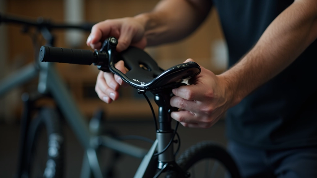 Detail nastavení řídítek a sedla na kole, muž nastavuje polohu komponent, cyklistický obchod