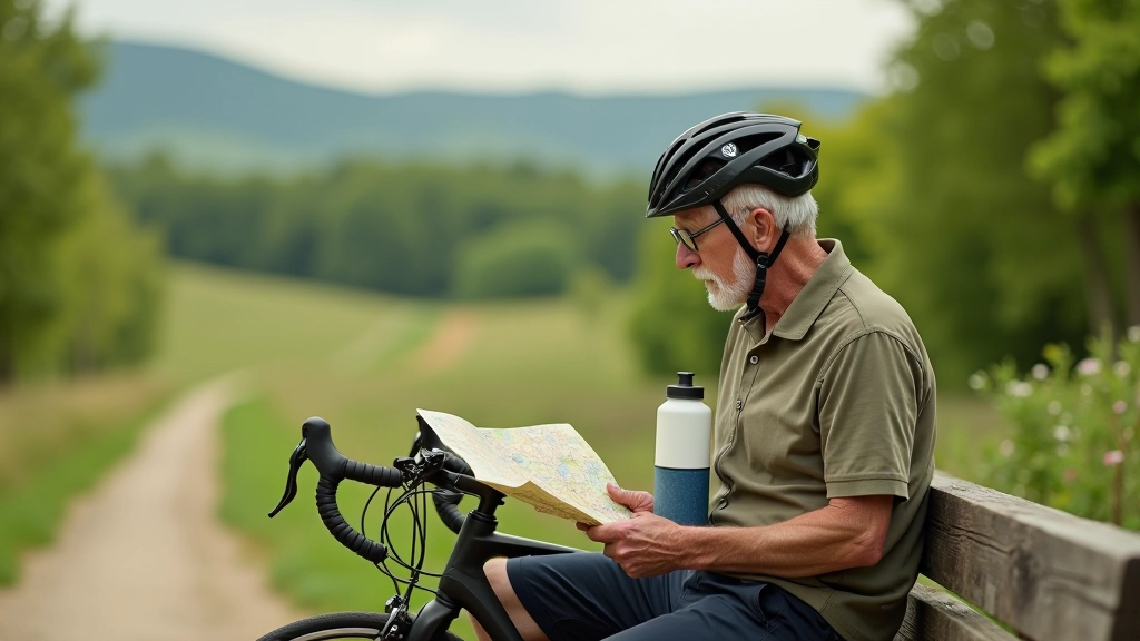 Starší cyklista se zastavil na lavičce podél greenwayu, si dává vodu a kouká se na mapu